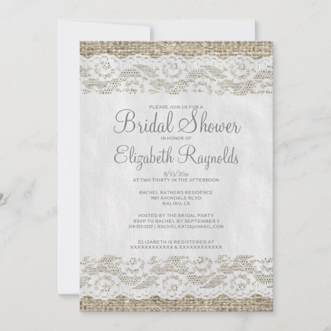 Grey Rustic Lace Bridal Shower Invitations (Front)