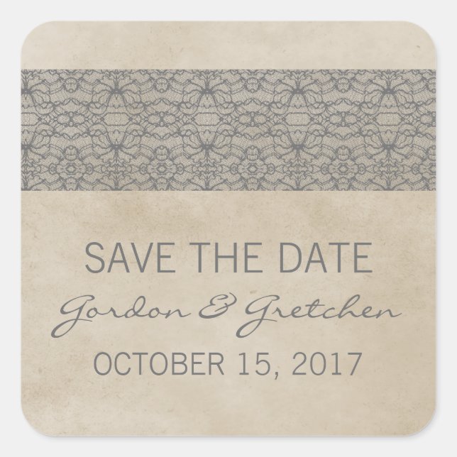 Grey Rustic Lace Save the Date Stickers (Front)