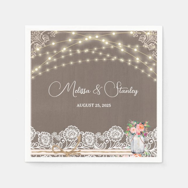 Grey Rustic Lace String Light Mason Jar Wedding Napkin (Front)