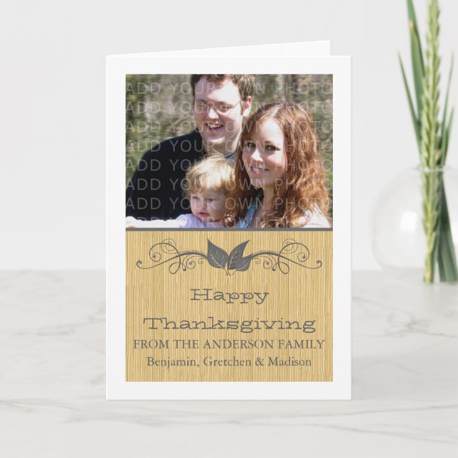 Grey Rustic Leaves Thanksgiving Photo Card (Front)