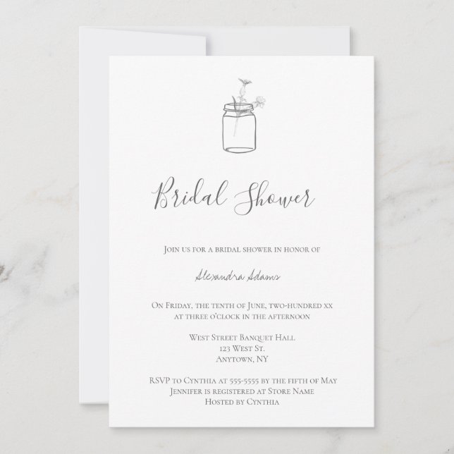 Grey rustic mason jar bridal shower invitations (Front)