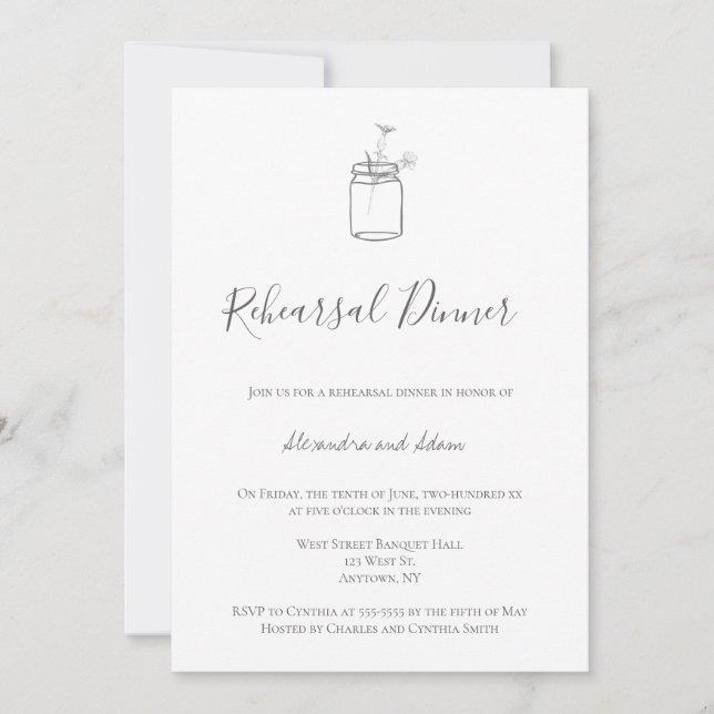 Grey rustic mason jar rehearsal dinner invitations (Front)