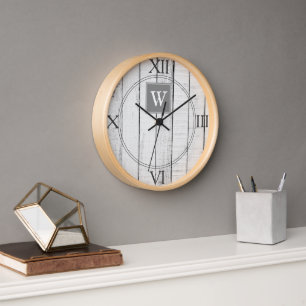 Grey Rustic Monogram Clock