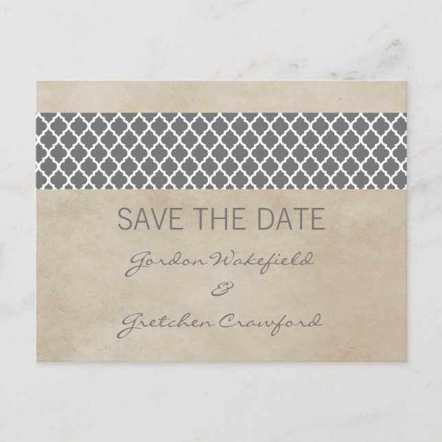 Grey Rustic Quatrefoil Save the Date Postcard (Front)
