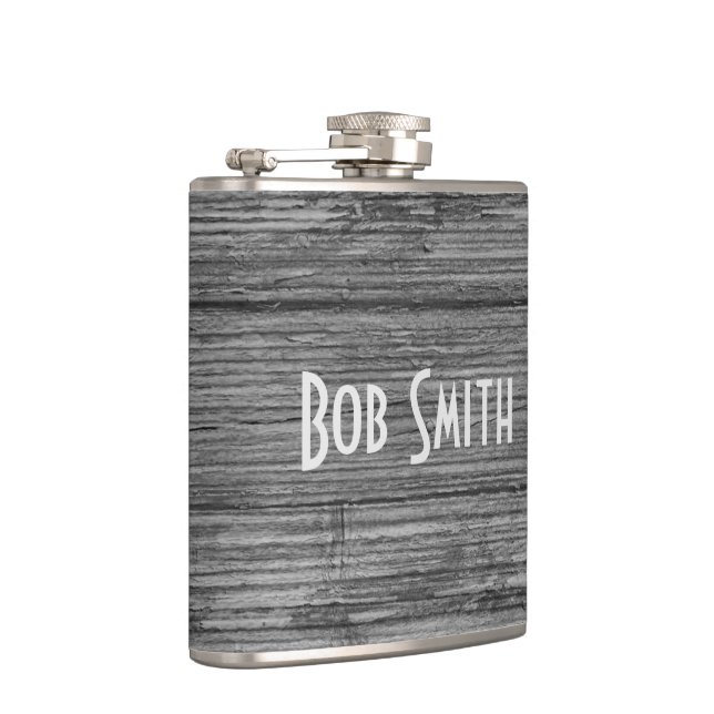 grey rustic wood background hip flask (Right)