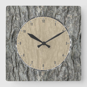Grey Rustic Wood Bark Square Wall Clock