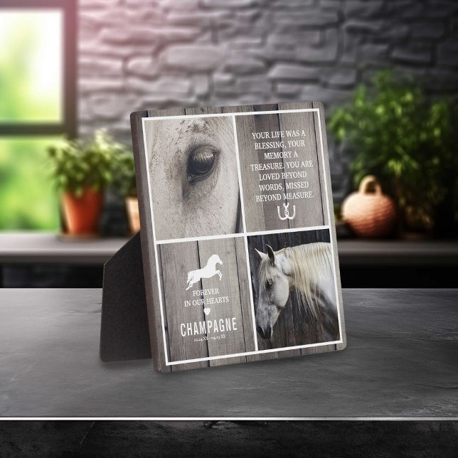 Grey Rustic Wood Horse Memorial Photo Collage Plaque (Creator Uploaded)