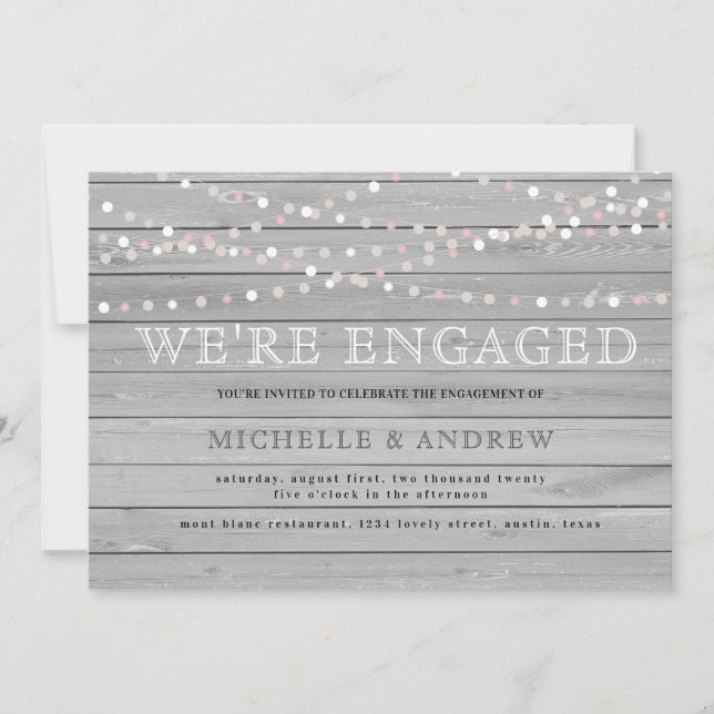 Grey rustic wood pastel string lights engagement invitation (Front)