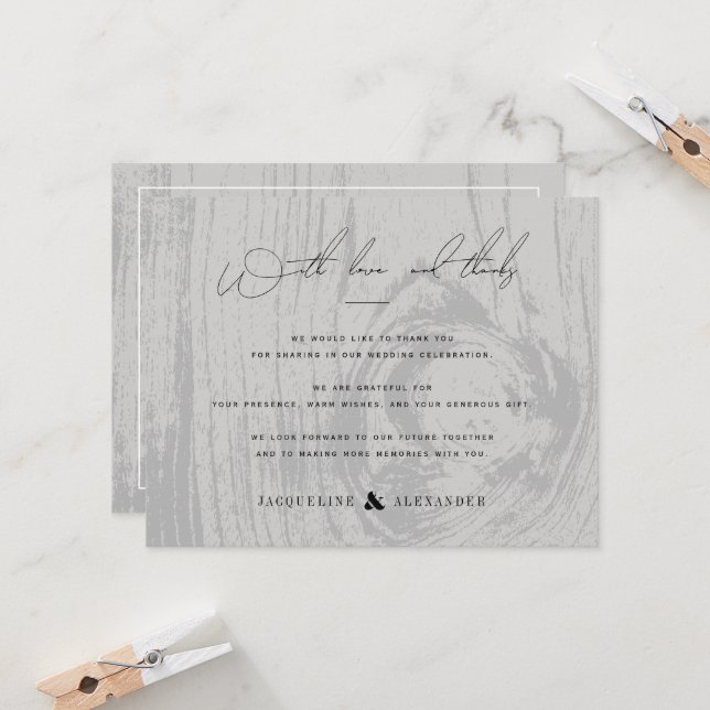Grey Rustic Woodgrain Winter Wedding Thank You Invitation (Front/Back In Situ)