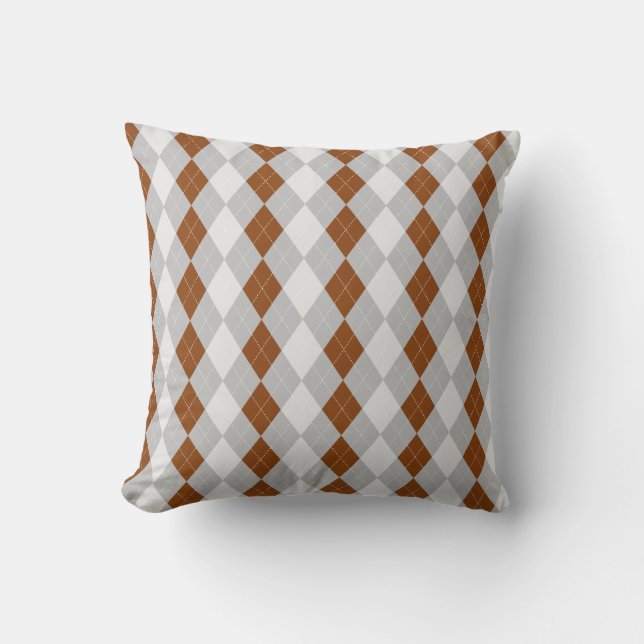Grey & SADDLE BROWN Diamonds ARGYLE Pattern Cushion (Front)