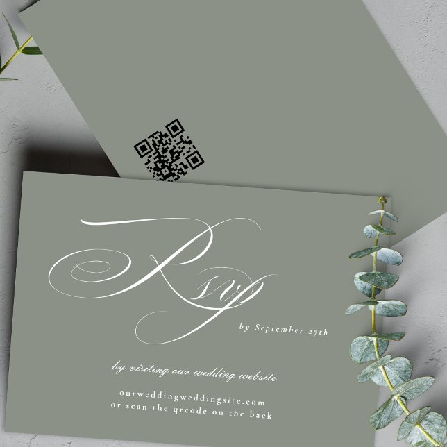 Grey Sage Calligraphy Wedding Website QR CODE RSVP Card (Creator Uploaded)