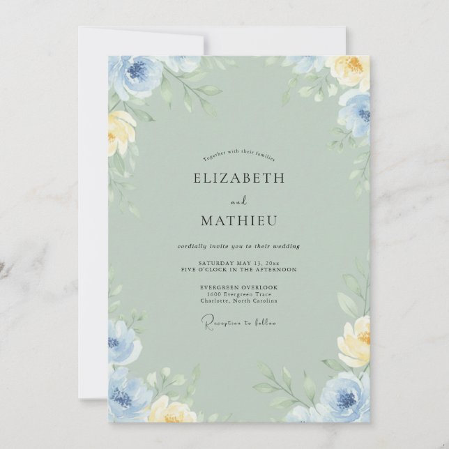 Grey Sage Cornflower Petal Wedding Invitation (Front)