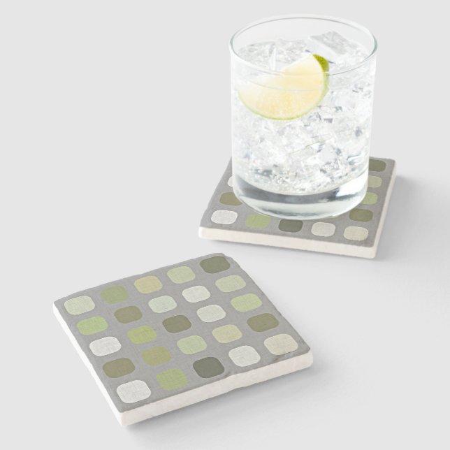 Grey Sage Olive Green Round Squares Art Pattern Stone Coaster (Side)