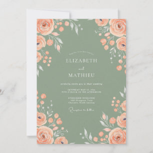 Grey Sage Peach Blossom Wedding Invitation