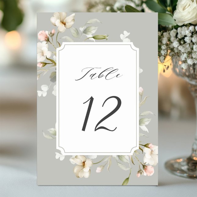 Grey Sage White Elegant Floral Wedding Table Number (Creator Uploaded)