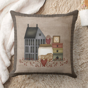 Grey Saltbox House - Primitive Country Cushion