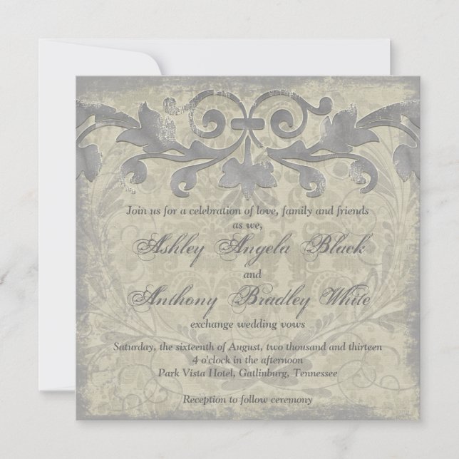 Grey Sand Grunge Baroque Floral Wedding Invitation (Front)