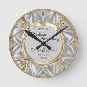 Grey Satin Silver Diamonds Wedding Anniversary  Round Clock