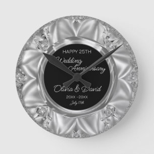 Grey Satin & Silver Diamonds Wedding Anniversary Round Clock
