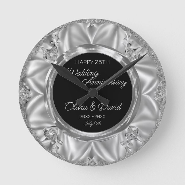 Grey Satin & Silver Diamonds Wedding Anniversary  Round Clock (Front)