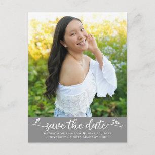 Grey Save the Date Graduation Photo Script Hearts Invitation Postcard