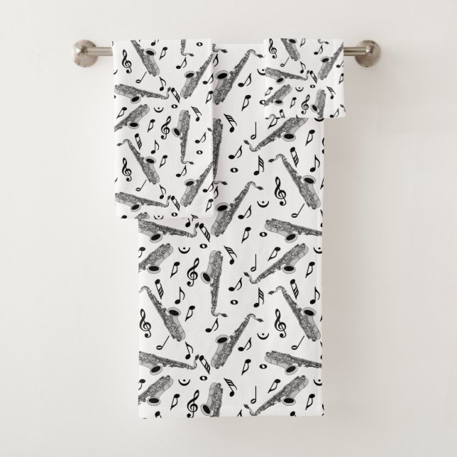 Grey Saxophone Music Note Pattern Bath Towel Set (Insitu)