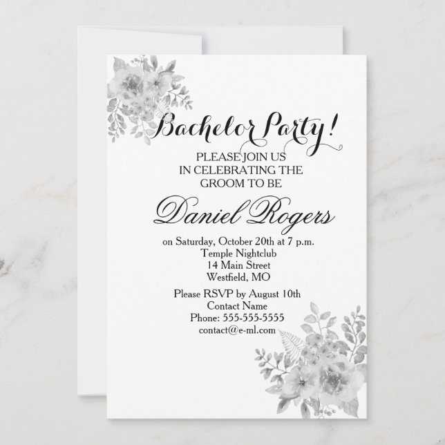 Grey Scale of Purple & Blue Bachelor Party Invites (Front)