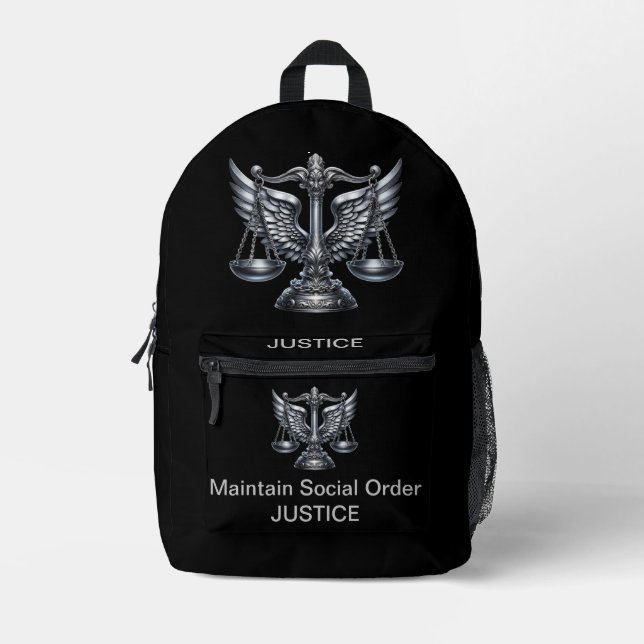 Grey Scales of Justice Attorney Office on Black | Printed Backpack (Front)