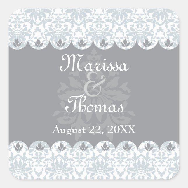 Grey Scalloped Damask Wedding Sticker (Front)