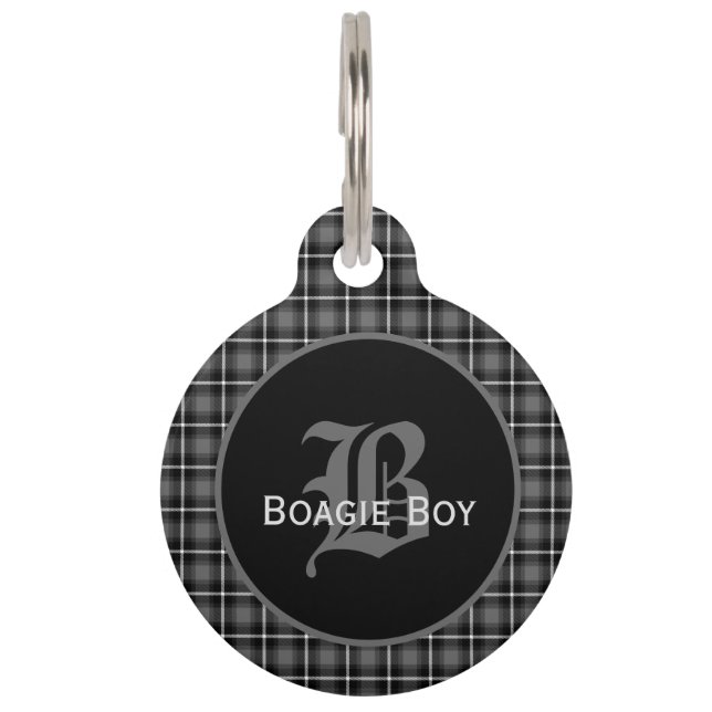 Grey Scottish Plaid Monogram Large Pet Tag (Front)