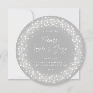 Grey Script Font Peace Love+Joy Sparkling Lights Holiday Card