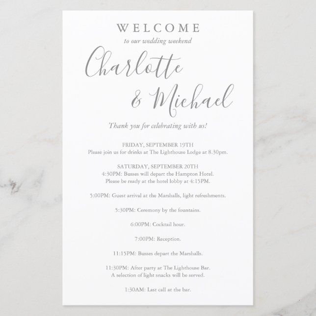 Grey Script Guest Wedding Weekend Program (Front)