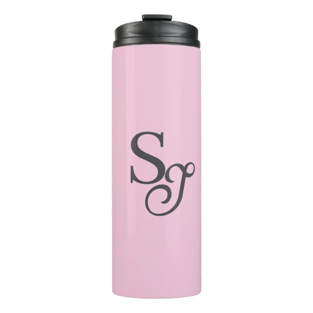 Grey script initial monogram pink thermal tumbler (Front)