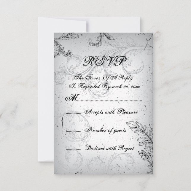 Grey scroll 25th silver wedding anniversary RSVP Card (Front)