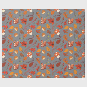 Grey Seamless Wrapping Paper: Squirrels and Leaves Paper