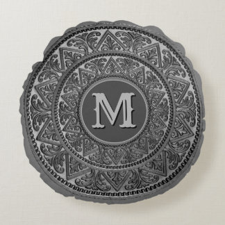Grey-shades Ornament with Monogram Round Cushion
