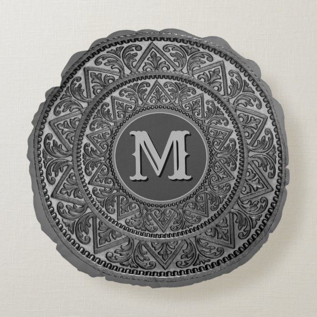 Grey-shades Ornament with Monogram Round Cushion (Front)