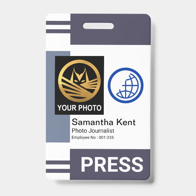 Grey Shades Stripe Column Photo Template Press ID Badge (Front)