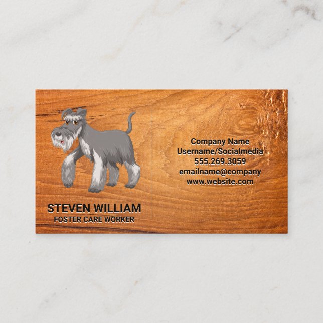 Grey Shaggy Dog | Wood Background Business Card (Front)