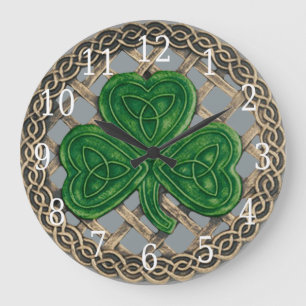 Grey Shamrock And Celtic Knots Round Clock