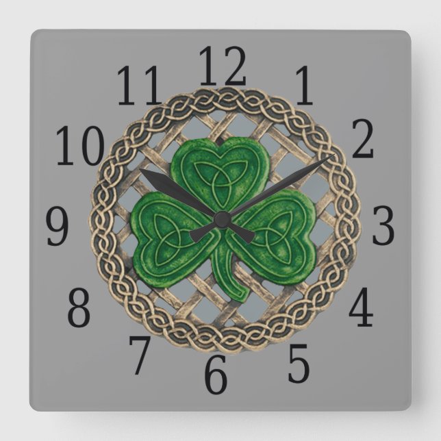 Grey Shamrock And Celtic Knots Square Clock (Front)