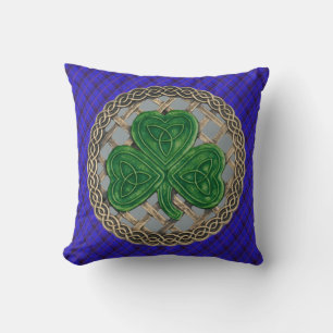 Grey Shamrock Celtic Knots On Blue Plaid Cushion