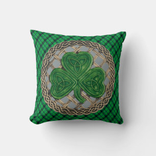 Grey Shamrock Celtic Knots On Green Plaid Cushion