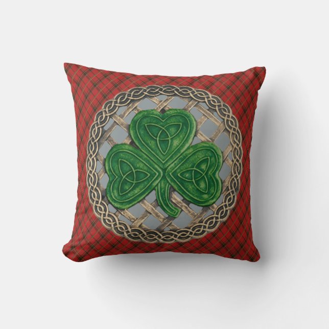 Grey Shamrock Celtic Knots On Red Plaid Cushion (Front)