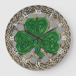 Grey Shamrock & Celtic Knots Roman Numeral Clock