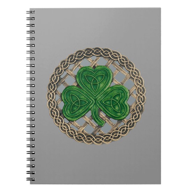 Grey Shamrock On Celtic Knots Spiral Notebook (Front)