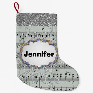 Grey Sheet Music Silver Snowflake Faux Glitter Small Christmas Stocking