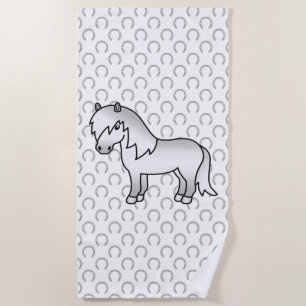 Grey Shetland Pony Cute Cartoon Illustration Beach Towel