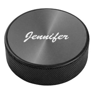 Grey shiny faux metal custom name hockey puck