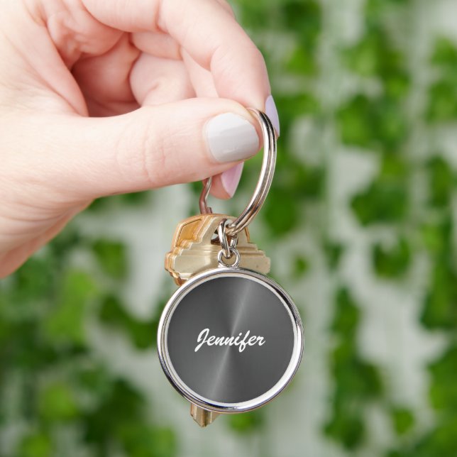 Grey shiny faux metal custom name key ring (Hand)